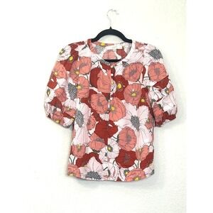 LOFT Petites Red Pink Floral Poppy Print Puff Sleeve Button Front Blouse SP